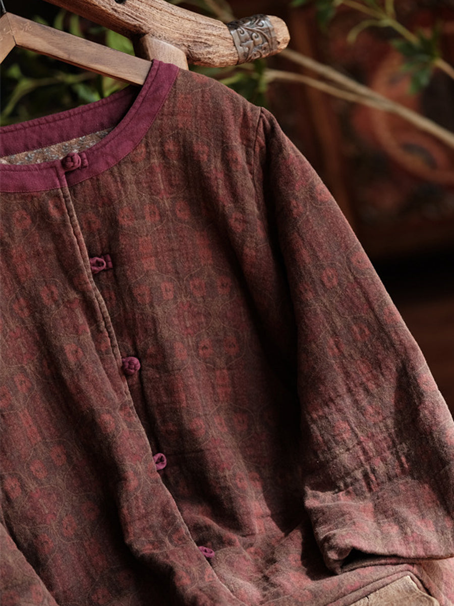 Women Autumn Ethnic Pure Color O-Neck Cotton Padded Coat