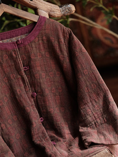 Women Autumn Ethnic Pure Color O-Neck Cotton Padded Coat