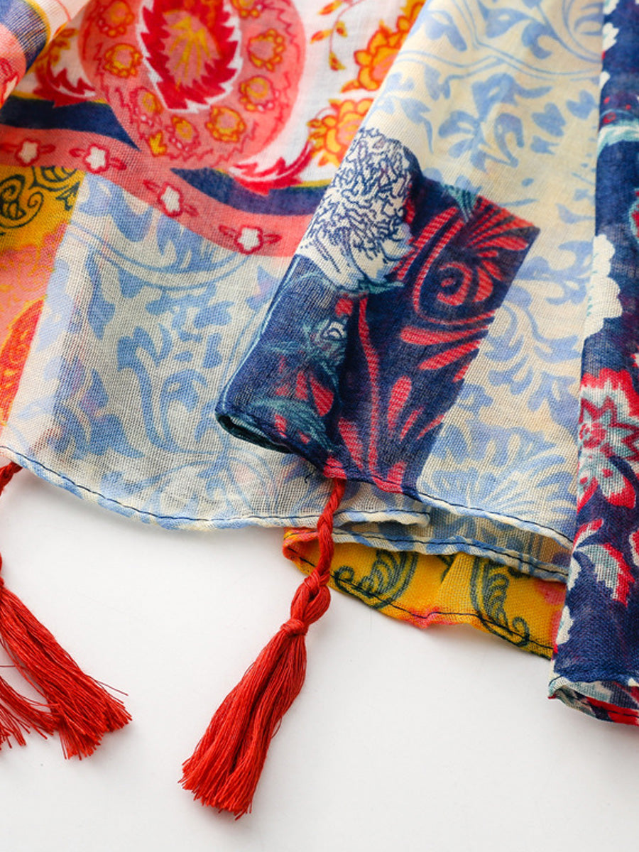 Women Summer Artsy Flower Tassel Shawl Scarf