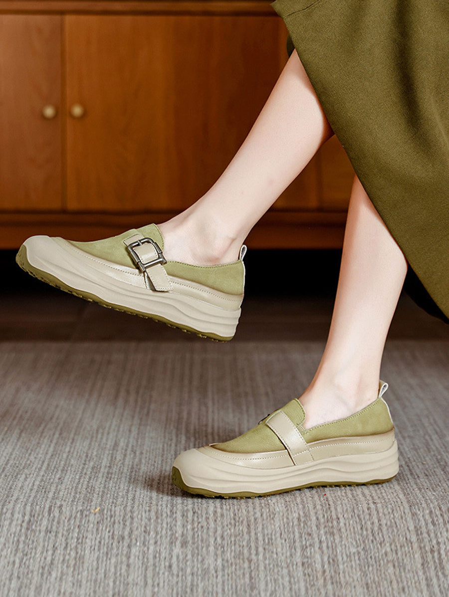 Women Autumn Colorblock Leather Flat Shoes