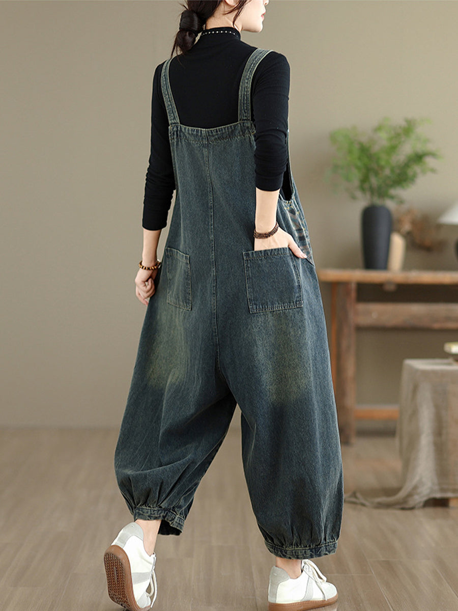 Women Autumn Casual Pure Color Denim Jumpsuits