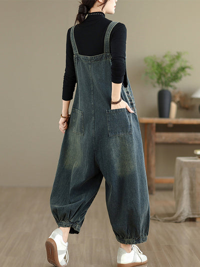 Women Autumn Casual Pure Color Denim Jumpsuits