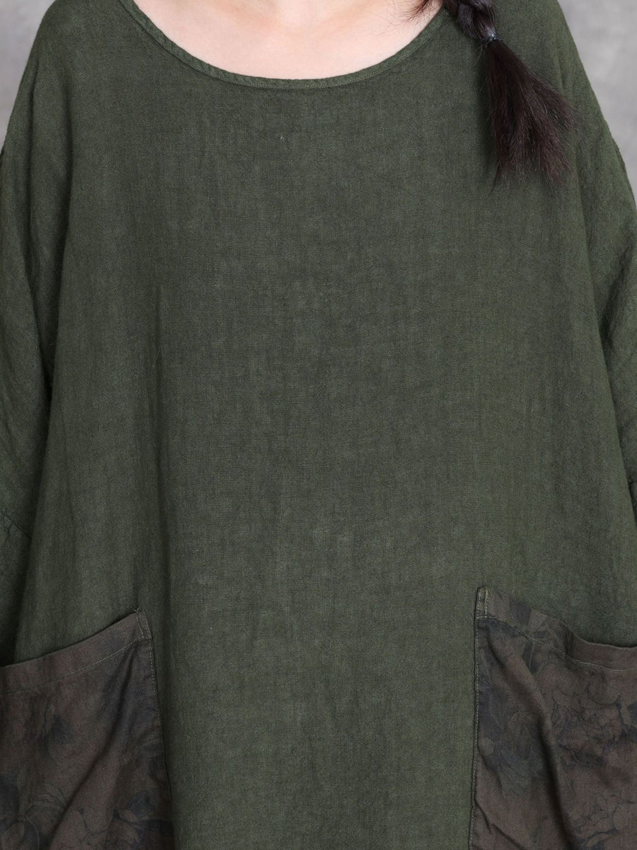 Women Autumn Vintage Spliced O-Neck Linen Maxi Dress