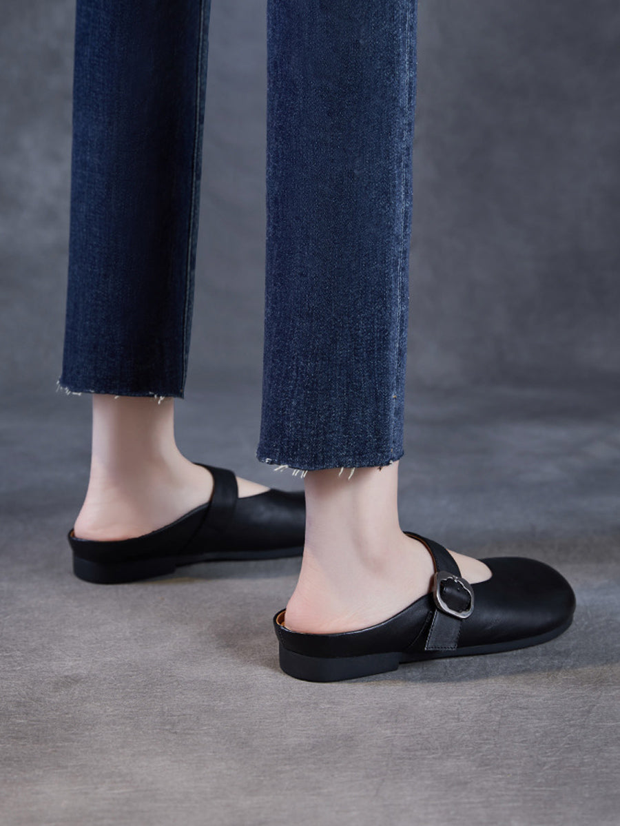 Women Summer Genuine Leather Pure Color Slippers