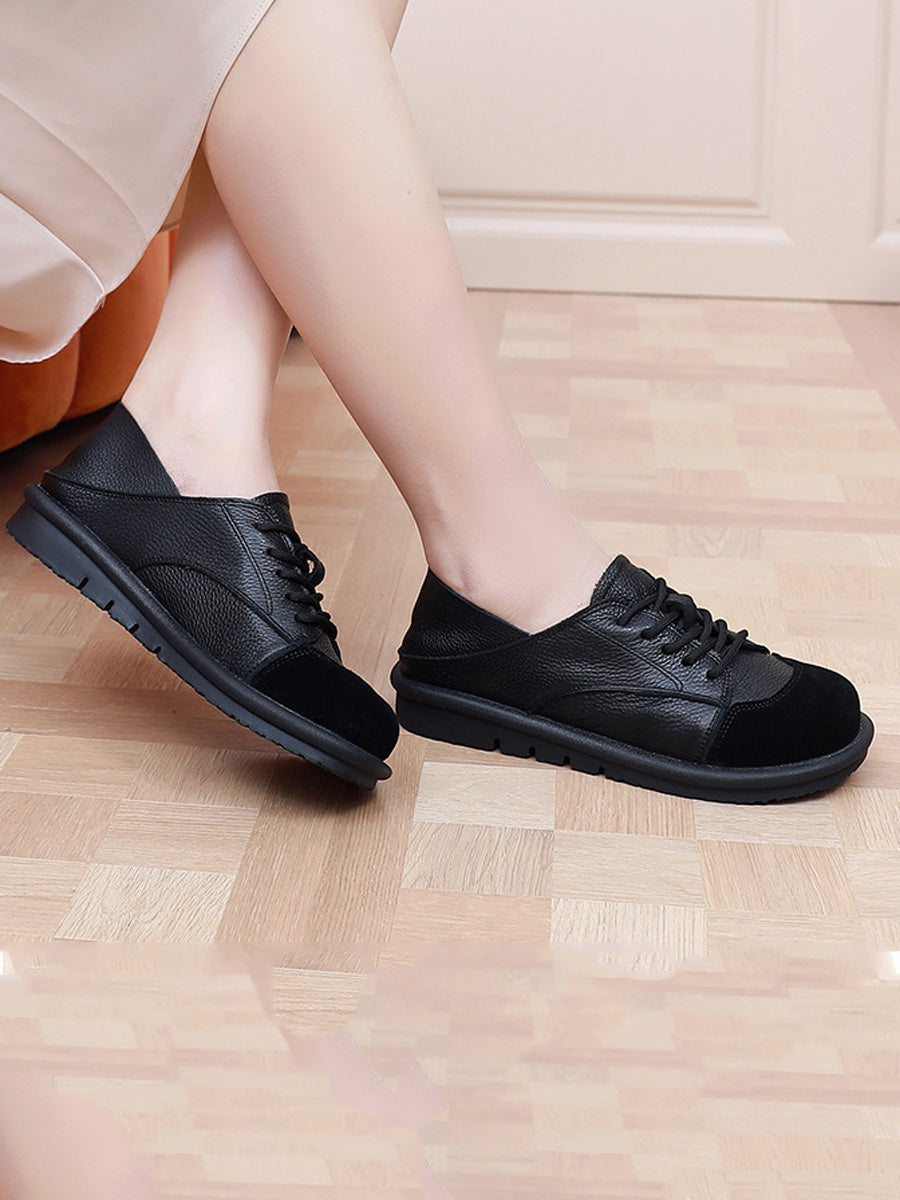 Women Vintage Leather Spliced Strap Flat Shoes