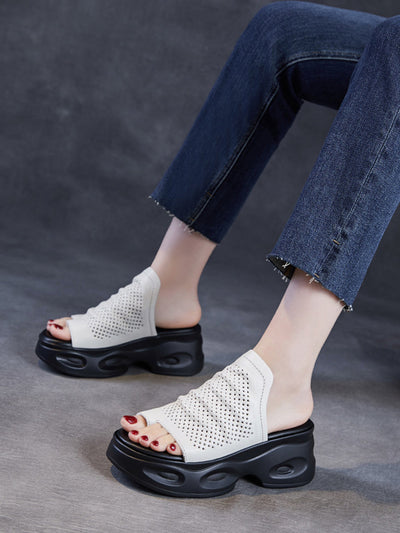 Women Summer Casual Genuine Leather Platform Slippers