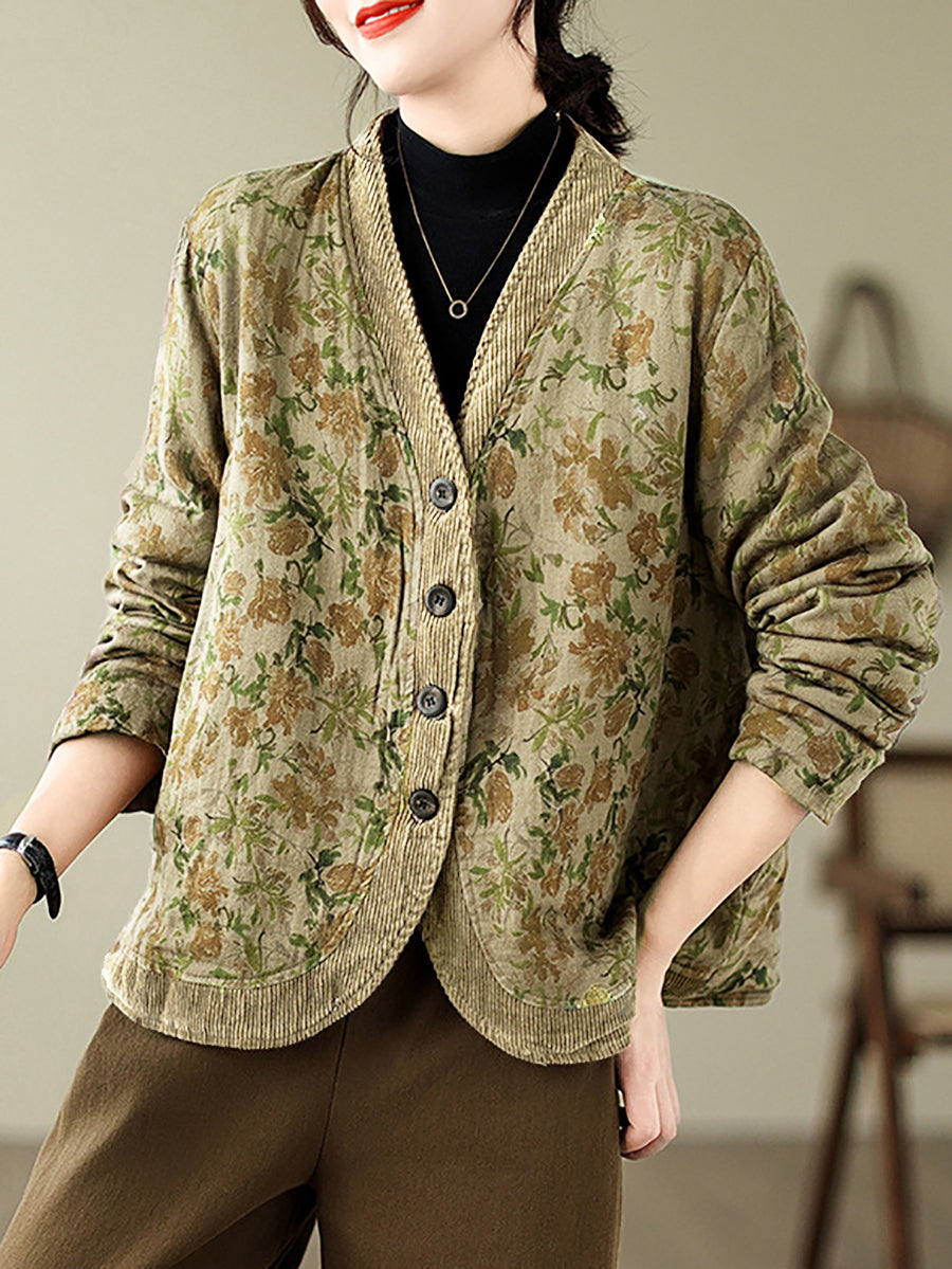 Plus Size Women Retro Floral Spliced V-Neck Padded Jacket