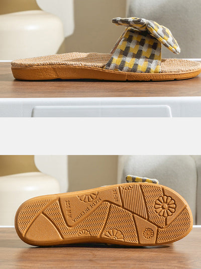 Women Summer Artsy Plaid Bowknot Linen Slippers