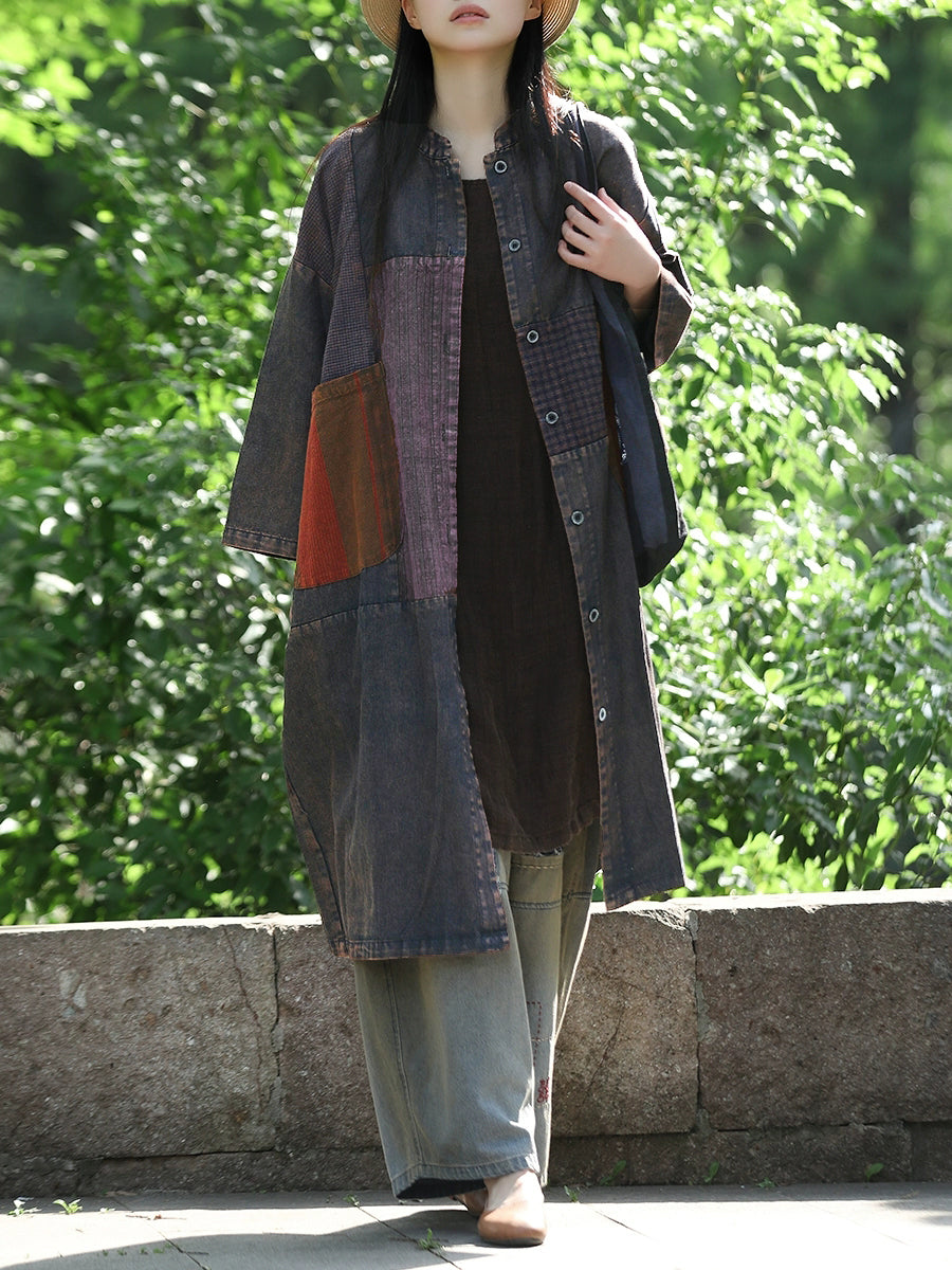 Women Retro Autumn Spliced Stand Collar Cotton Coat