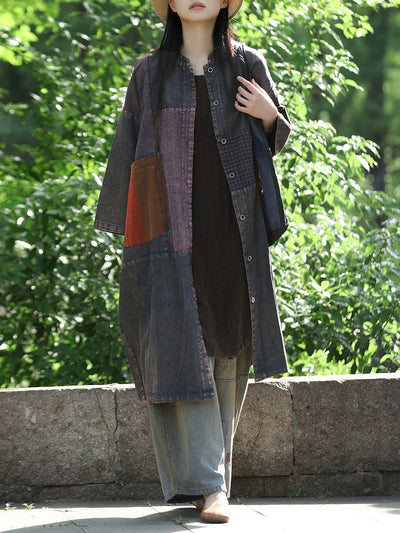 Women Retro Autumn Spliced Stand Collar Cotton Coat