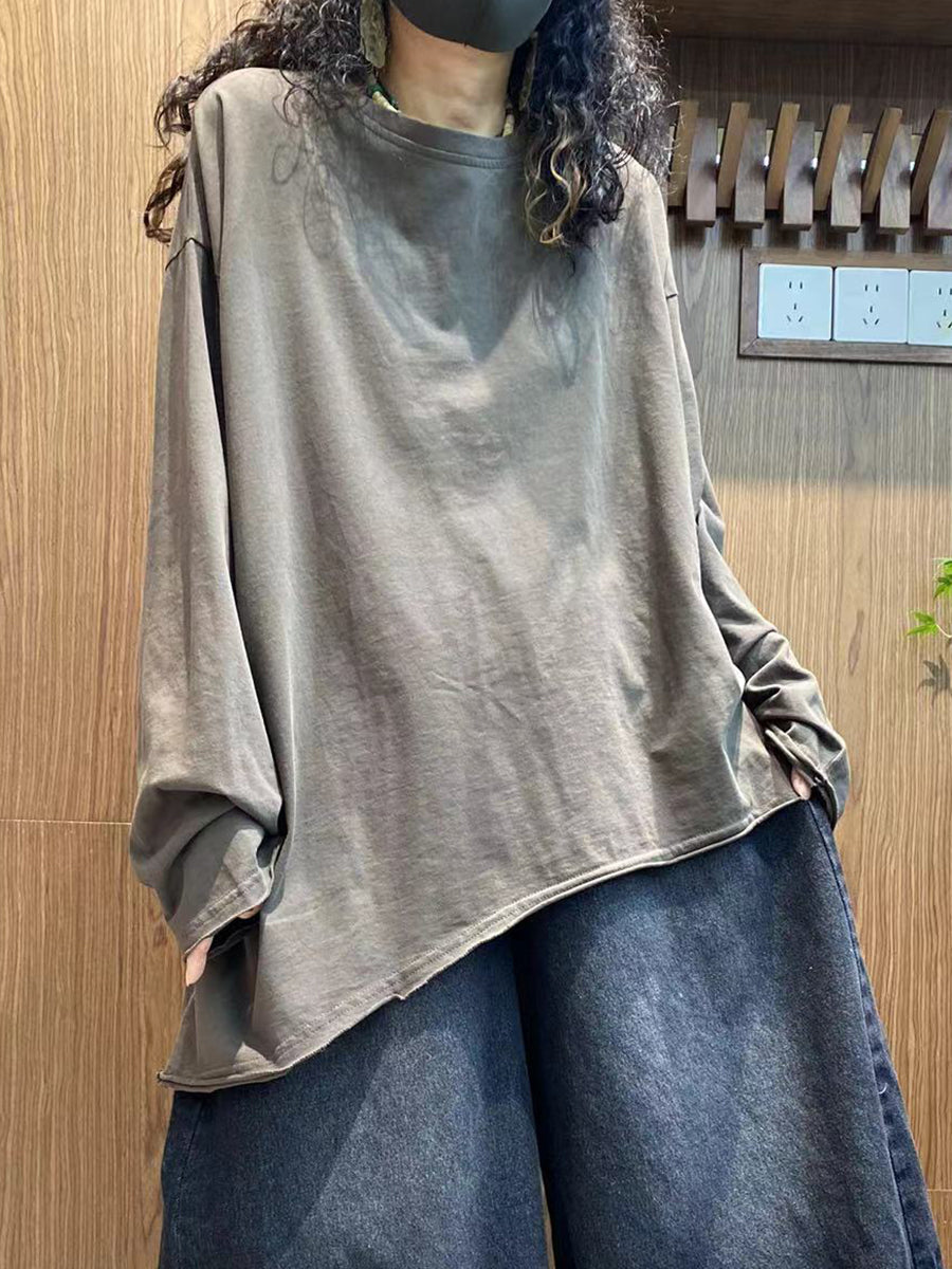 Plus Size Women Autumn Casual Pure Color 100%Cotton O-Neck Shirt