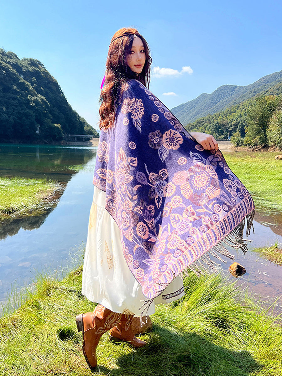 Women Ethnic Flower Tassel Shawl Scarf