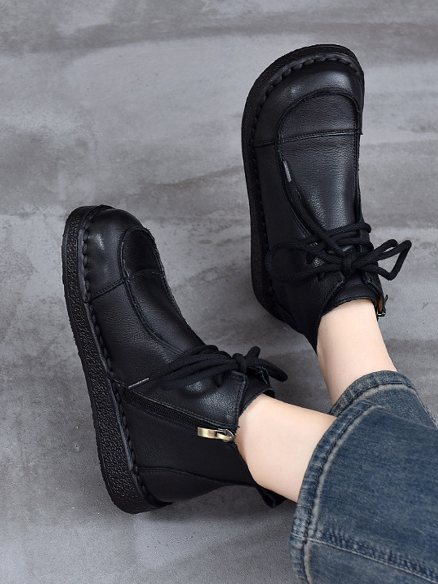 Women Winter Pure Color Genuine Leather Flat Ankle Boots