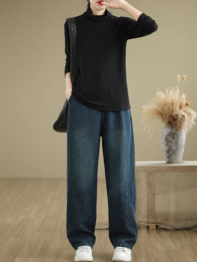 Women Autumn Retro Fleece-lined Denim Straight Pants