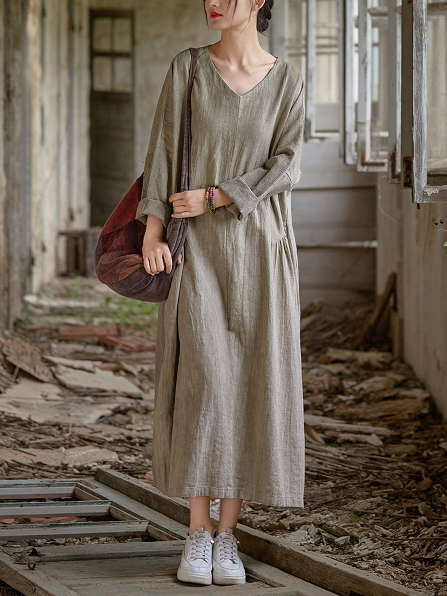 Women Summer Retro Pure Color V-Neck Ramie Dress