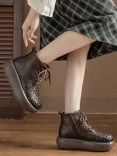 Women Winter Genuine Leather Fleece-lined Platform Ankle Boots
