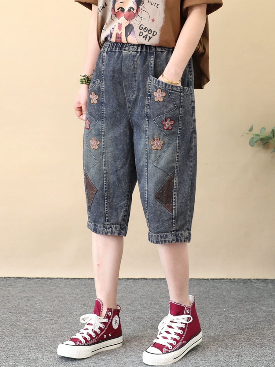 Women Retro Flower Embroidery Denim Fifth Pants