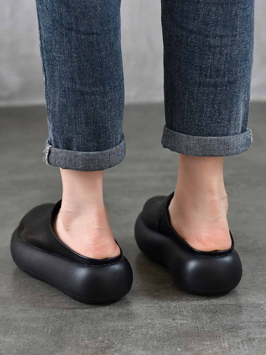 Women Summer Pure Color Soft Leather Platform Slippers