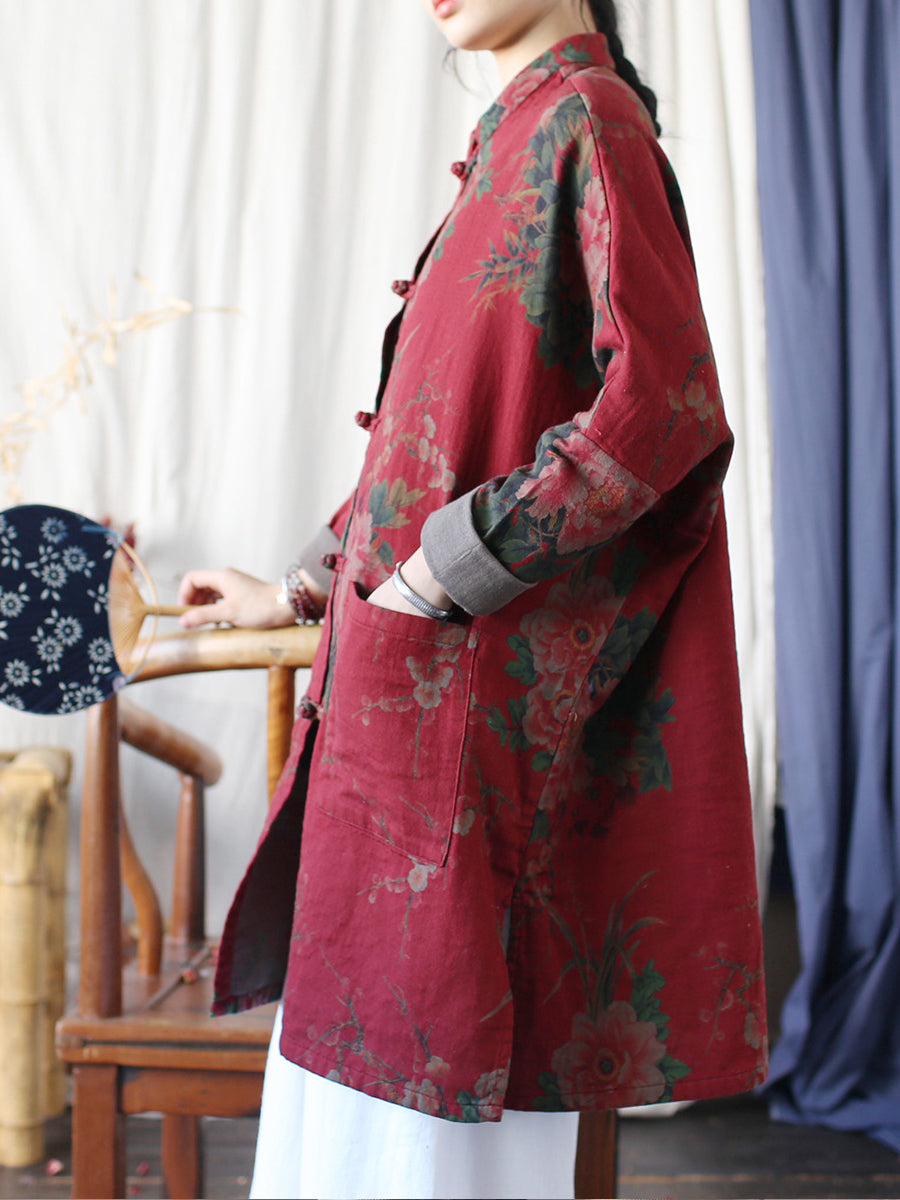 Women Autumn Ethnic Flower Stand Collar Cotton Coat