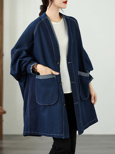 Women Vintage Autumn Denim Loose V-Neck Coat