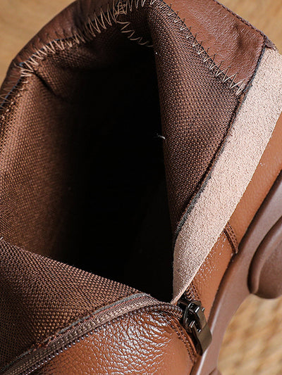 Women Winter Pure Color Leather Mid-Heel Boots