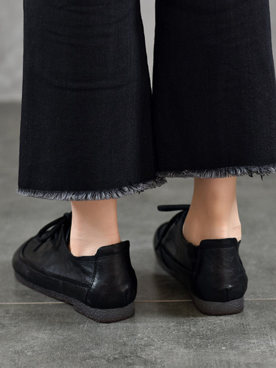 Women Vintage Genuine Leather Spliced Low Heel Shoes