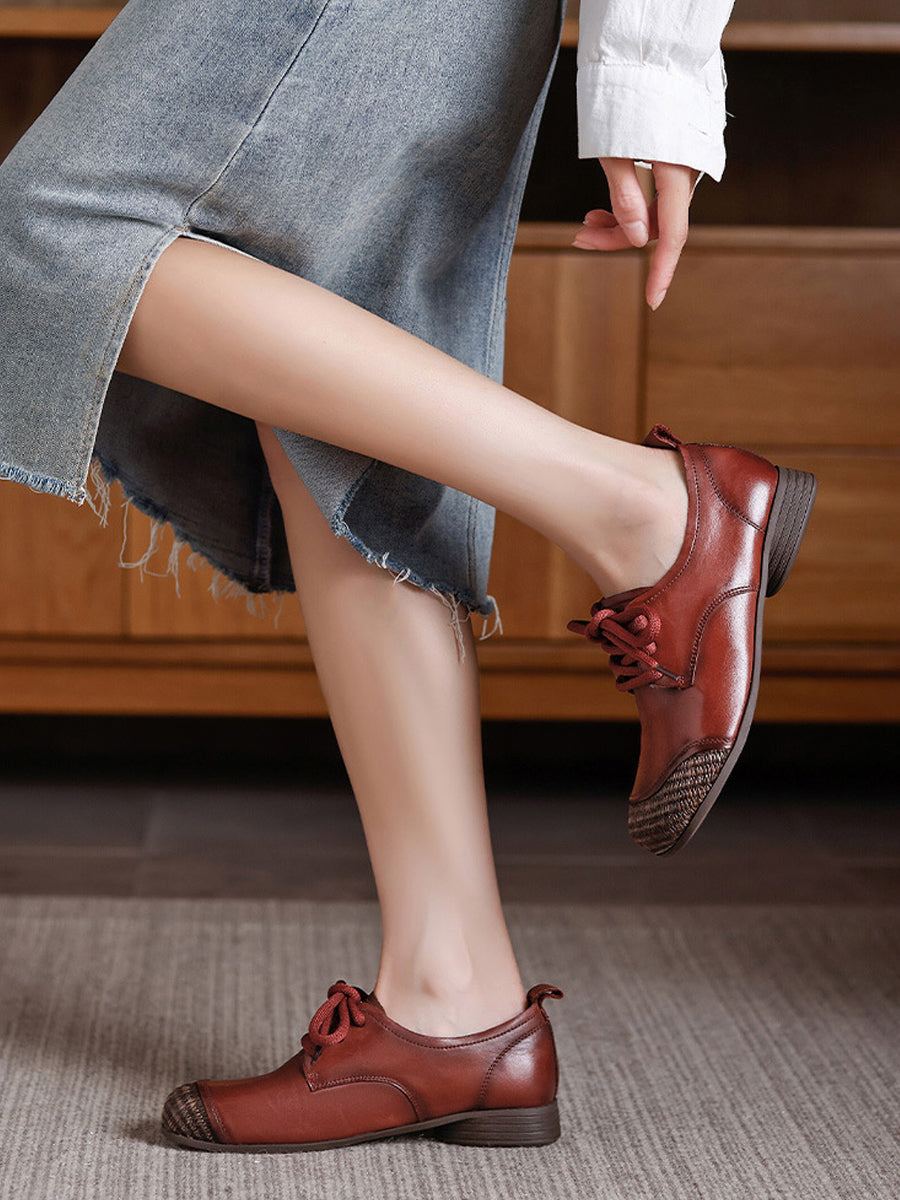 Women Autumn Vintage Leather Spliced Low Heel Shoes
