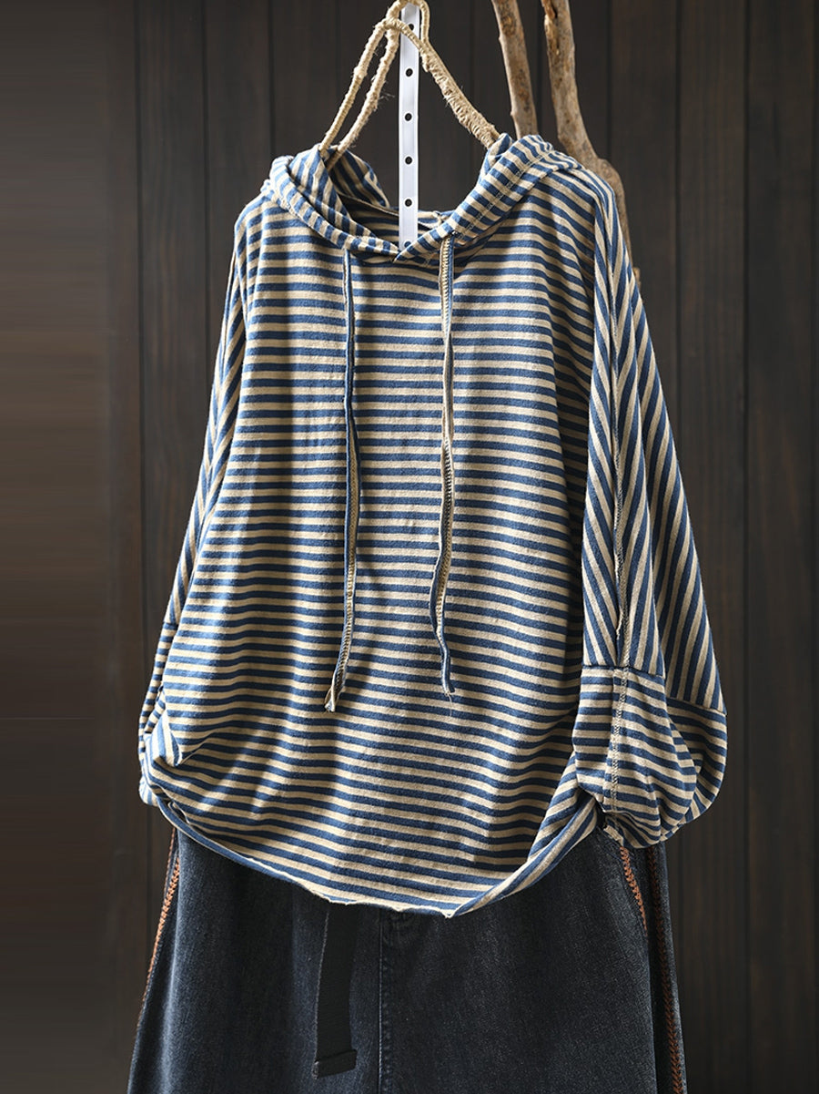 Plus Size Women Autumn Artsy Stripe Cotton Hooded Shirt