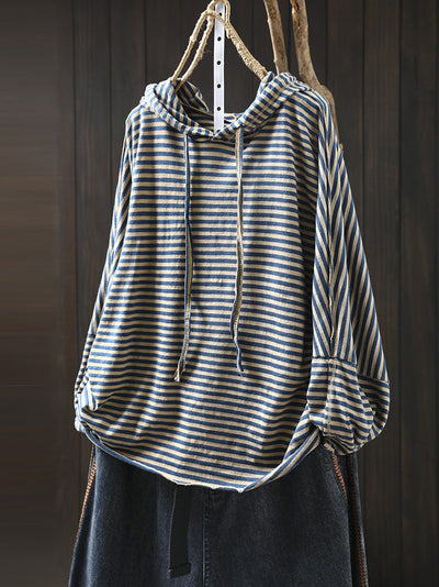 Plus Size Women Autumn Artsy Stripe Cotton Hooded Shirt