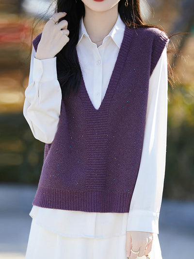 Women Autumn Casual Pure Color V-Neck Knitted Vest