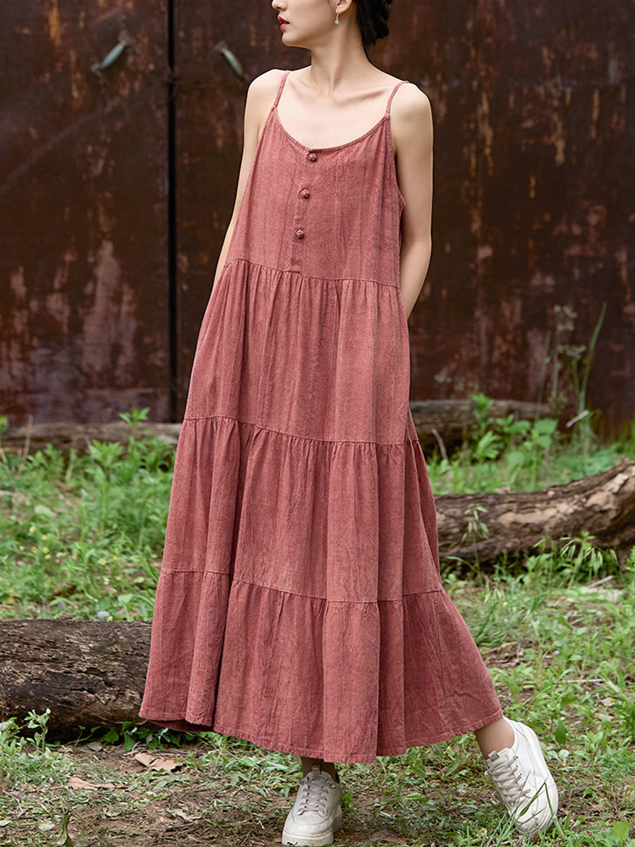 Women Summer Pure Color O-Neck Linen Maxi Vest Dress