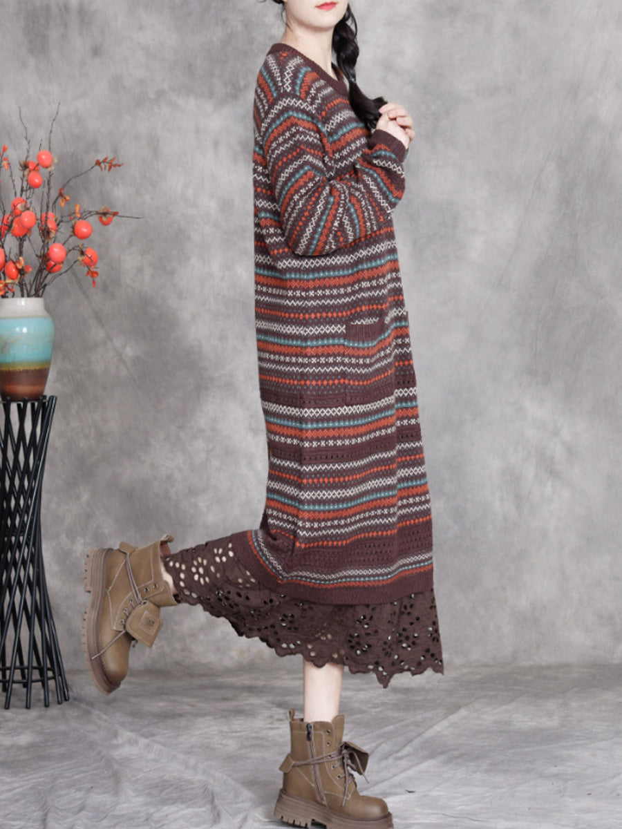 Women Autumn Artsy Stripe O-Neck Spliced Wool Dress