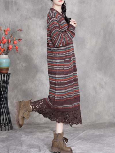 Women Autumn Artsy Stripe O-Neck Spliced Wool Dress