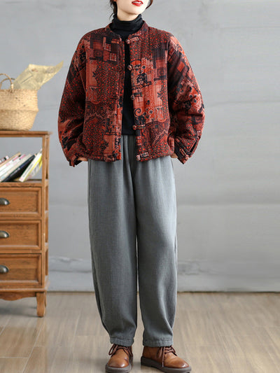 Women Retro Autumn Patchwork Stand Collar Cotton Padded Jacket