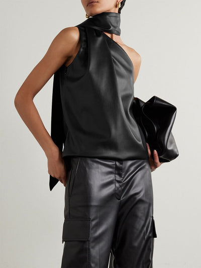 Sleeveless Asymmetric Solid Color High Neck Vest Top