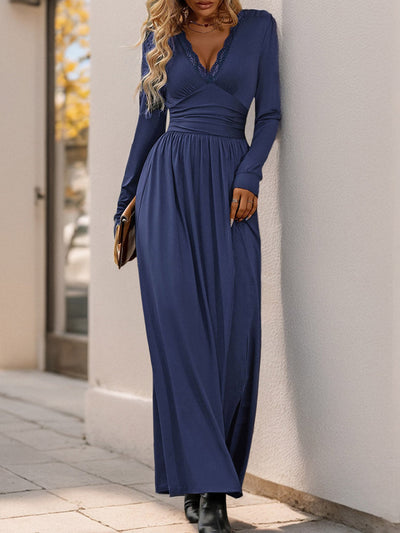 A-Line High Waisted Pleated Solid Color Split-Side V-Neck Maxi Dresses