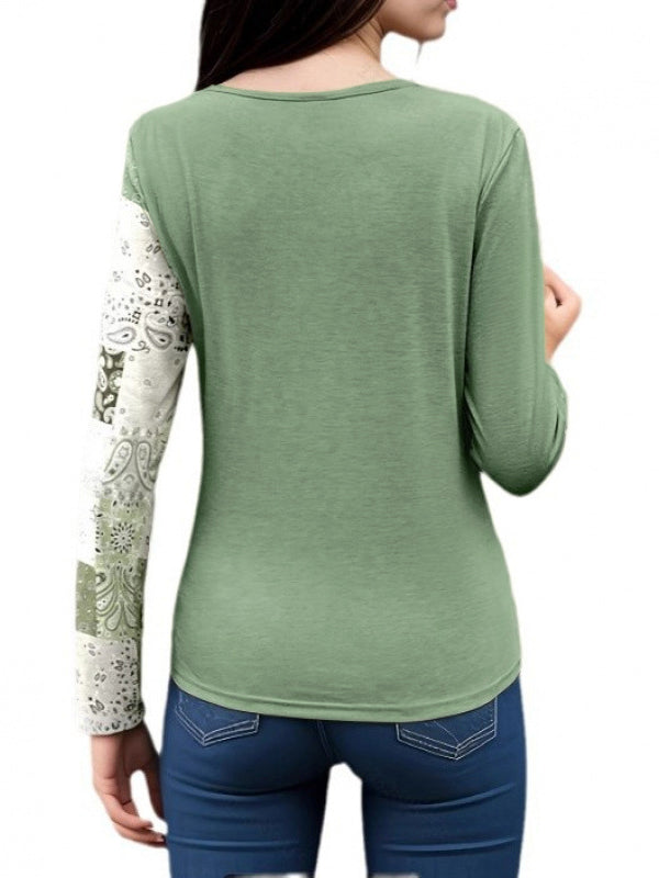 Irregularity Long Sleeves Asymmetric Buckle Contrast Color Pleated Split-Joint Round-Neck T-Shirts Tops