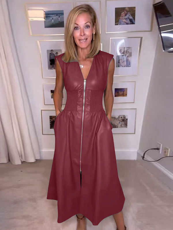 A-Line Elasticated Waist Pockets Solid Color Split-Joint Zipper V-Neck Midi Dresses