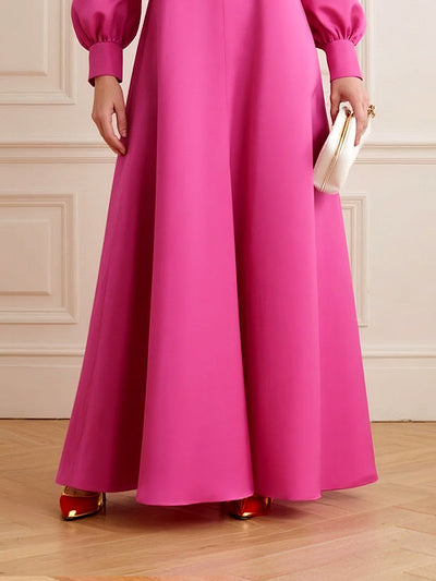 Puff Sleeves Solid Color Split-Joint Round-Neck Maxi Dresses Shirt Dress