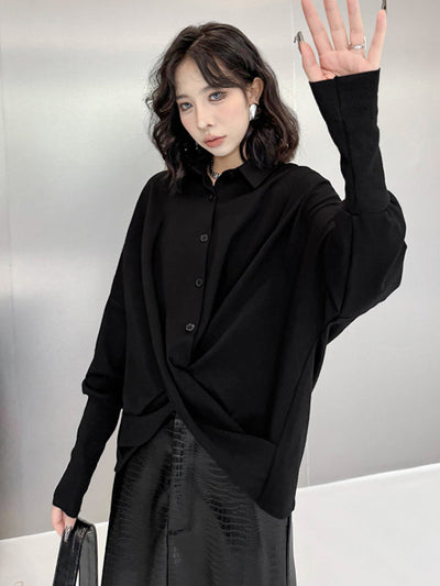 Hipster Irregularity Buttoned Solid Color Twist Lapel Collar Blouses&Shirts Tops