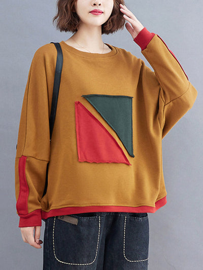 Artistic Retro Loose Triangle Applique Contrast Color Round-Neck Long Raglan Sleeves Sweatshirt