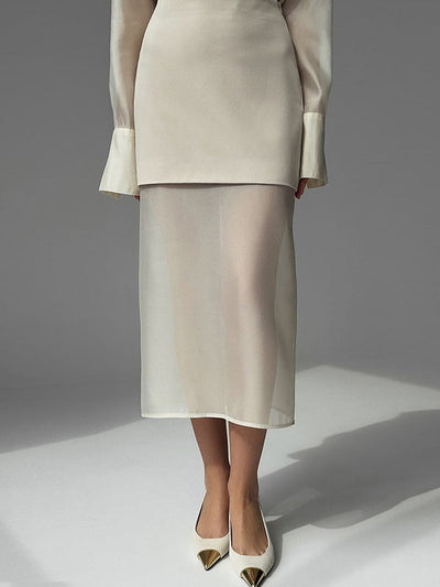 Loose Solid Color See-Through Long Sleeves Lapel Blouse + Skirt Two Pieces Set