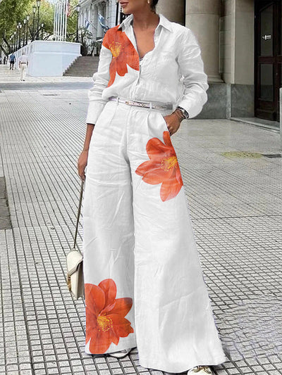 Long Sleeves Wide Leg Floral Printed Split-Joint Pants Trousers