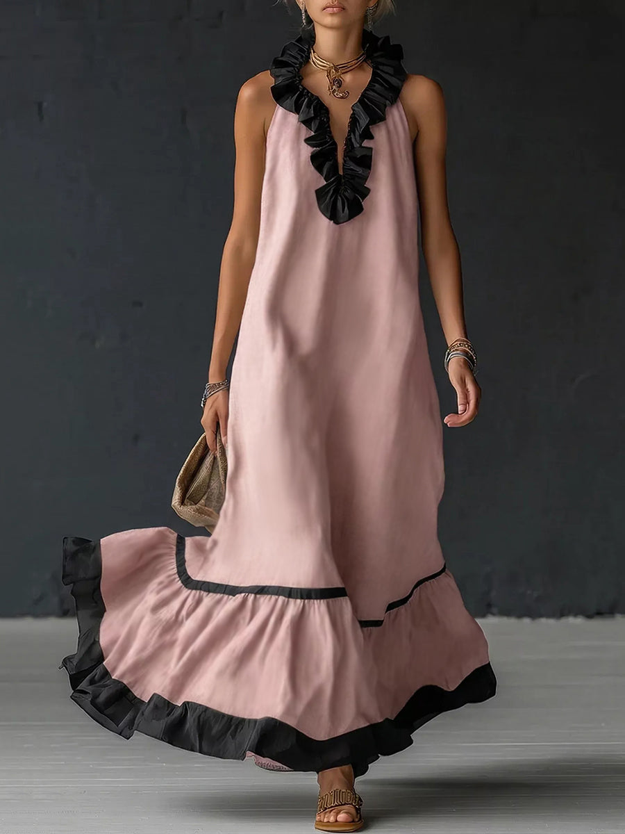 A-Line Loose Contrast Color Pleated Ruffle Trim Split-Joint V-Neck Maxi Dresses