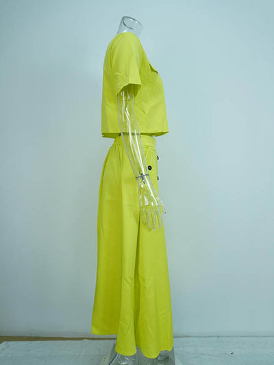 Loose Split-Joint Round-Neck Blouses + A-Line Skirts Two Pieces Set