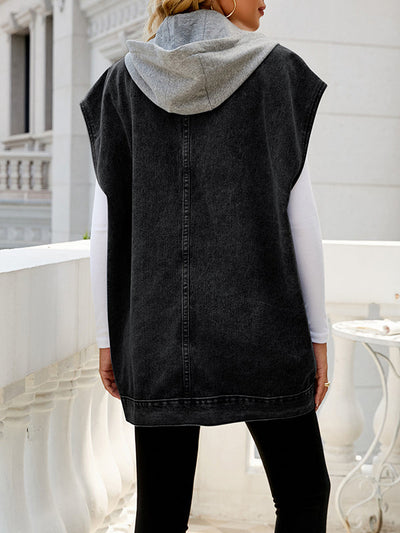 Loose Sleeveless Buttoned Detachable Hooded Pockets Split-Joint Lapel Collar Vest Outerwear