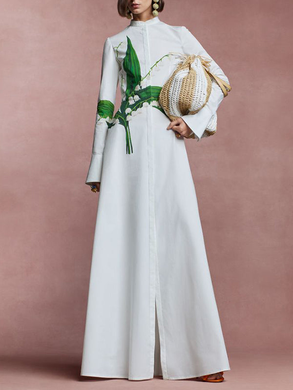 A-Line Long Sleeves Buttoned Flower Print Round-Neck Maxi Dresses