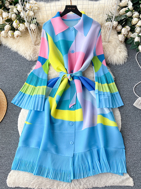 Flared Sleeves Loose Belted Contrast Color Pleated Midi Dresses