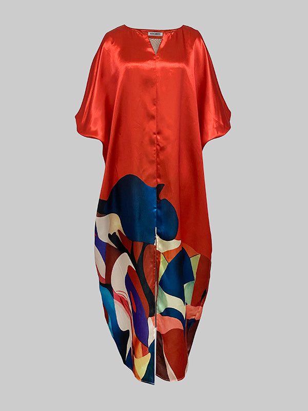 Loose Puff Sleeves Elasticity Flower Print Split-Front Round-Neck Maxi Dresses