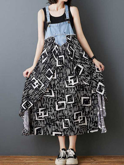 Loose Plus Size Flower Print Pockets Split-Joint Spaghetti-Neck Maxi Dresses Suspender Dress